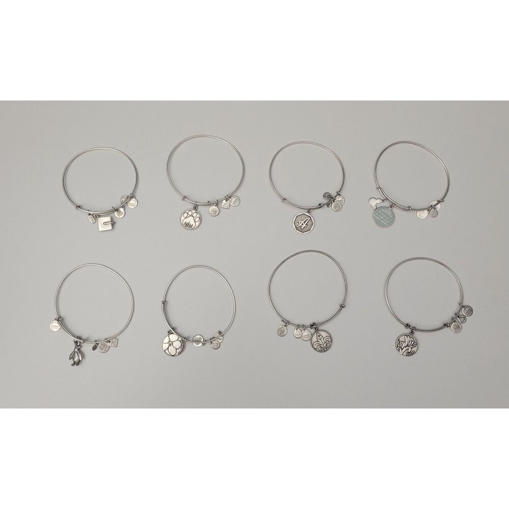 Alex and Ani Set of 8 Silver Tone Energy Charm Bracelets Assorted Symbols